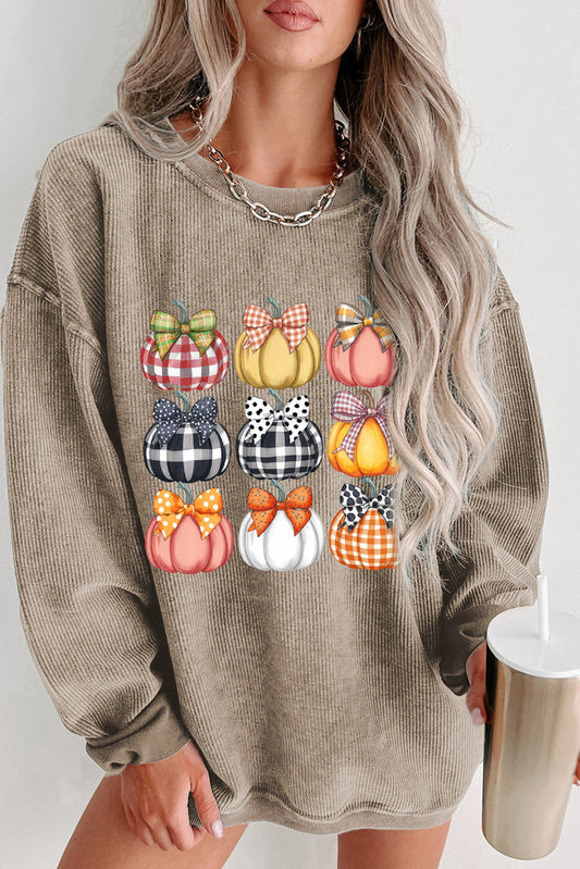Khaki Trendy Textured Bow Pumpkin Heat Transfer Printing Graphic Baggy Sweatshirt