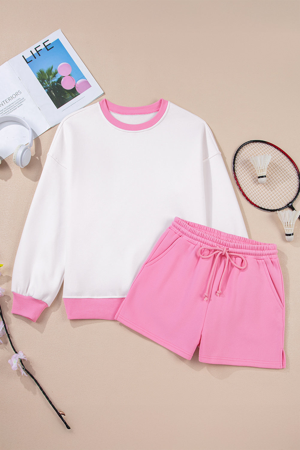 Strawberry Pink Colorblock Pullover and Drawstring Shorts Set