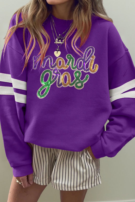 Tillandsia Purple Sequin Mardi Gras Letter Graphic Oversized Varsity Sweatshirt