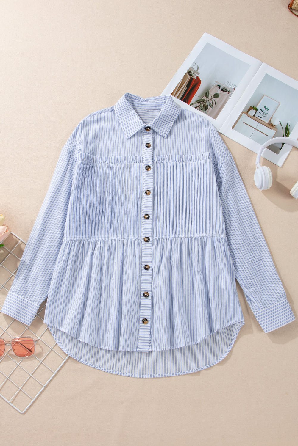 Sky Blue Striped Pleated Long Sleeve Peplum Shirt