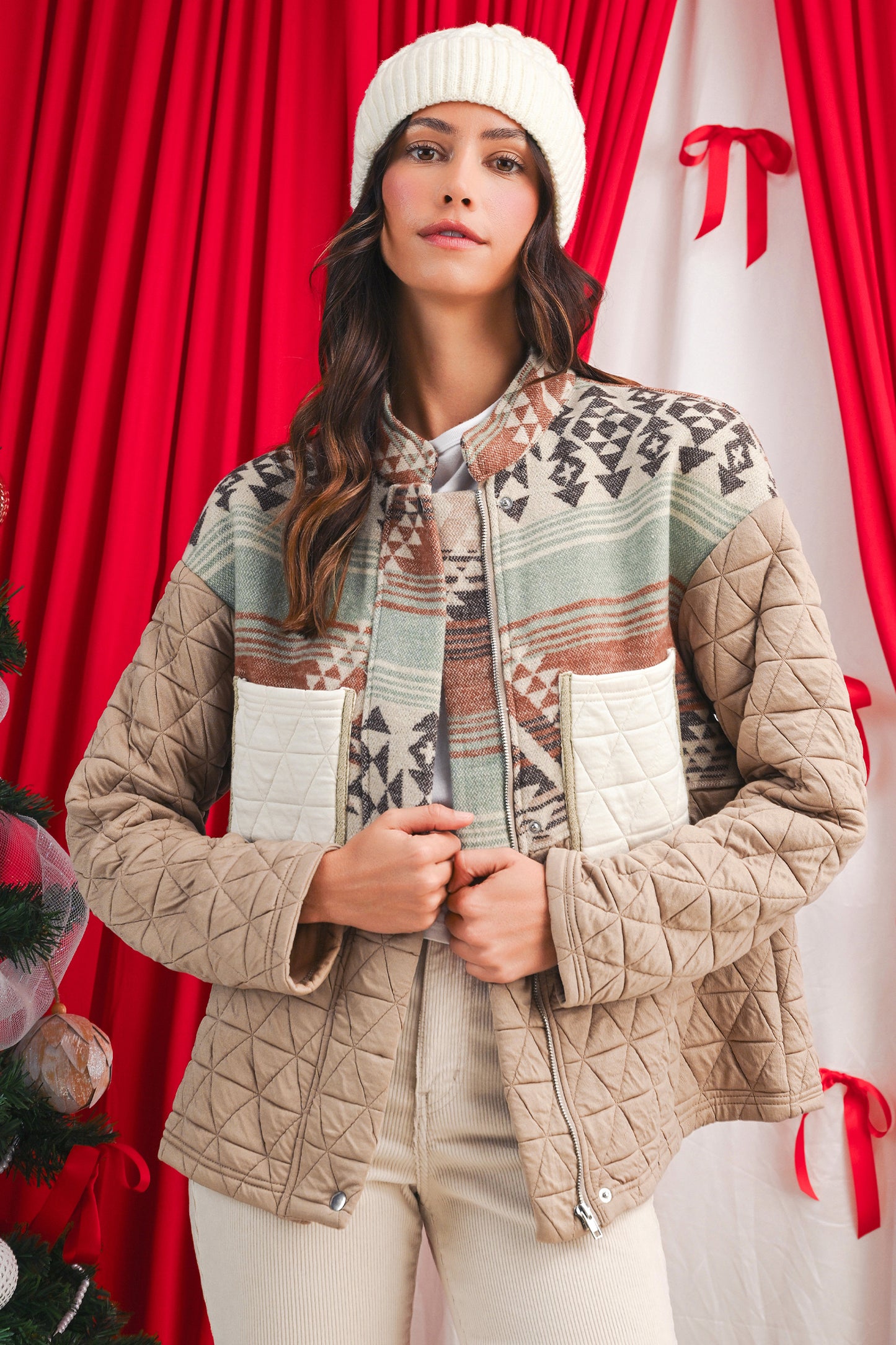 Light French Beige Geometric Quilted Patchwork Vintage Jacket