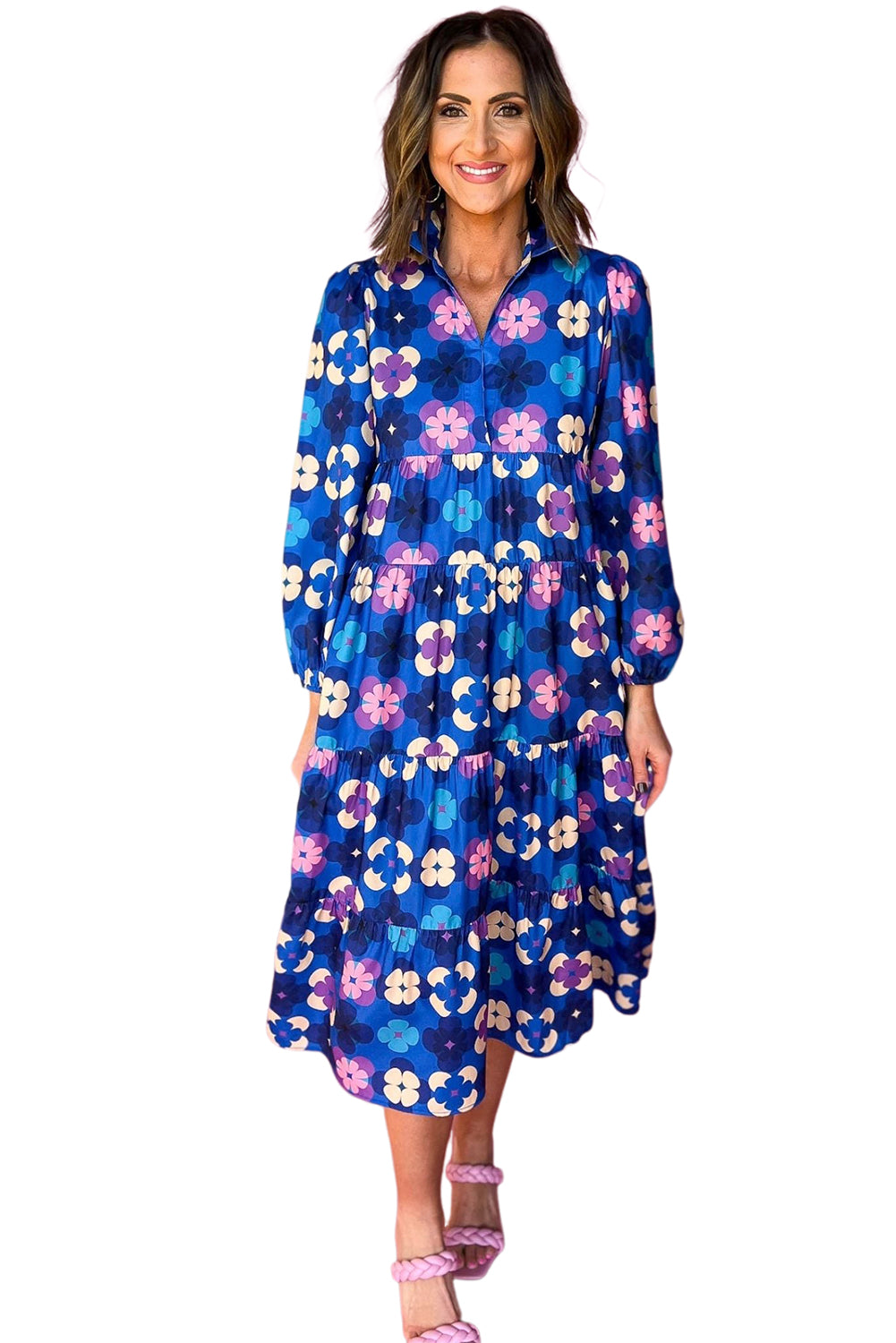 Blue Floral Peasant Sleeve Tiered Ruffle Midi Dress