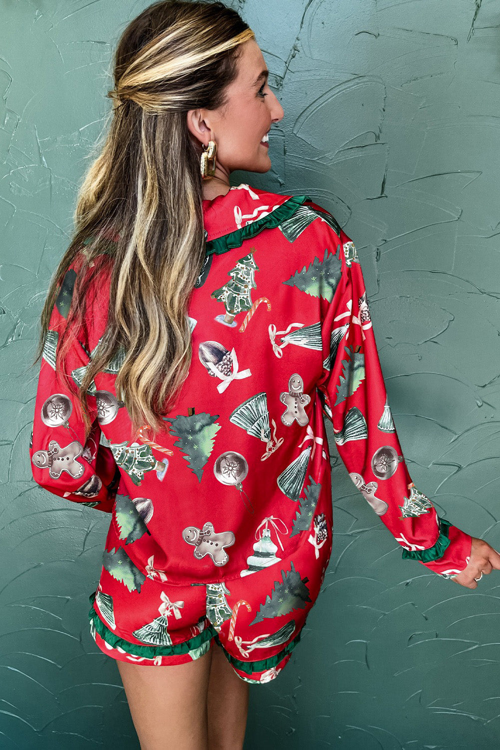 Red Christmas Print Contrast Frill Trim Ribbon Bow Pajama Set