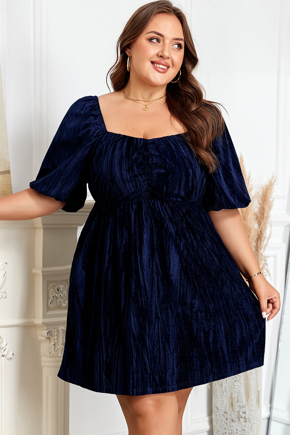 Navy Blue Velvet Ruched Bust Square Neck Short Puff Sleeve Plus Dress