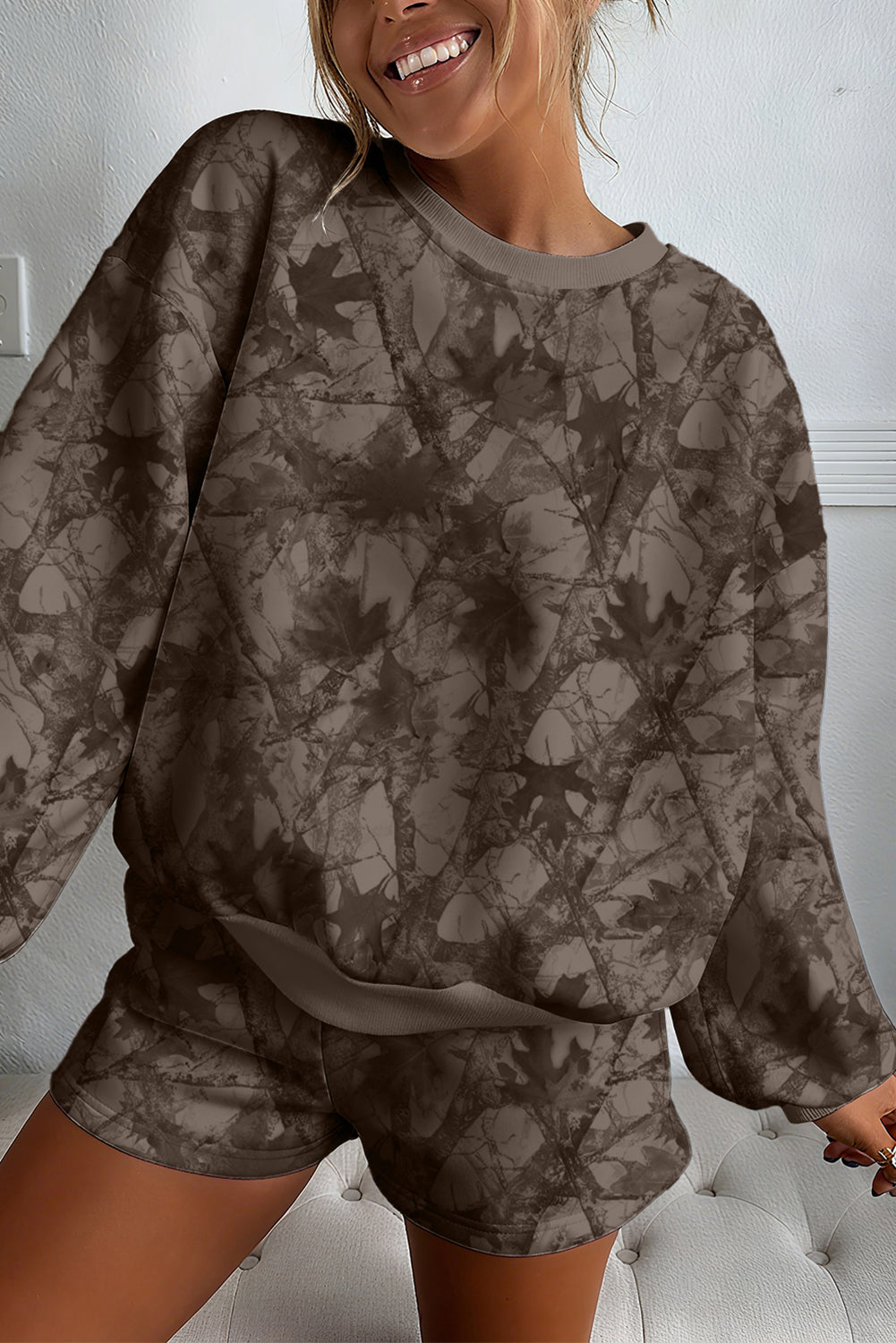 Brown Camouflage Print Round Neck Drop Sleeve Shorts Set