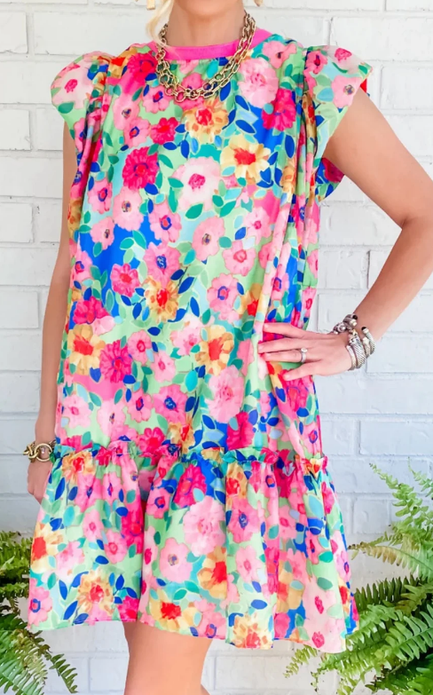 Vibrant Floral Print Cap Sleeve Frill Dress