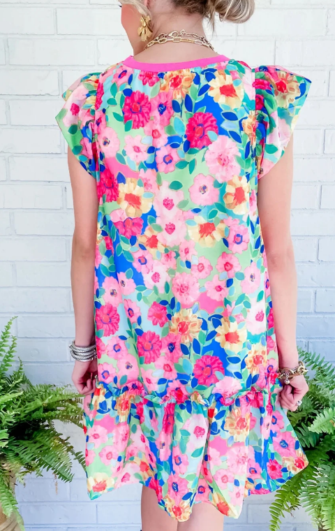 Vibrant Floral Print Cap Sleeve Frill Dress