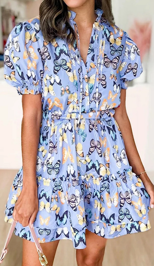 Butterfly Print Puff Sleeve Frill Mini Dress