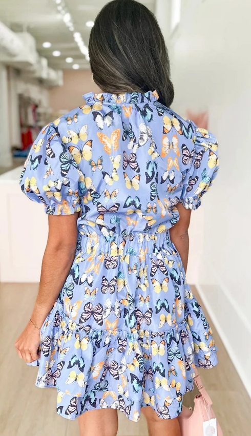 Butterfly Print Puff Sleeve Frill Mini Dress