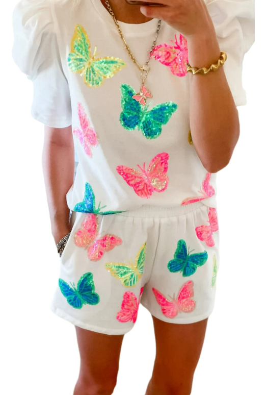 Sequin Butterfly Pattern Puff Sleeve Top & Shorts Set