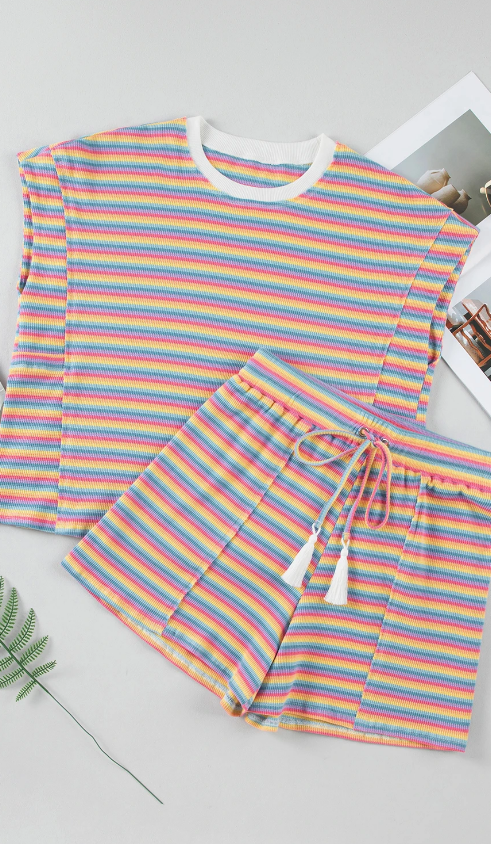 Stripe Crew Neck Tee & Tassel Drawstring Shorts Set