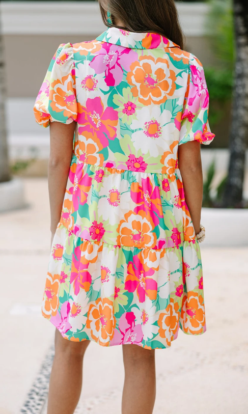 Pink Floral Puff Sleeve Collar Buttoned Babydoll Dress