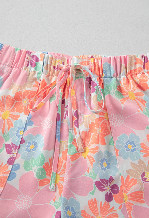 Lace-up Elastic Waist Floral Shorts