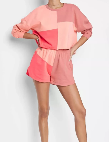 Colorblock Long Sleeve Top & Pocketed Shorts Set