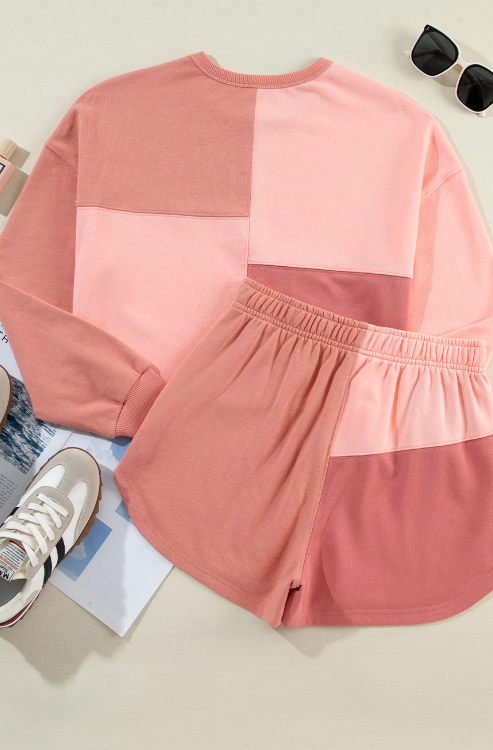 Colorblock Long Sleeve Top & Pocketed Shorts Set