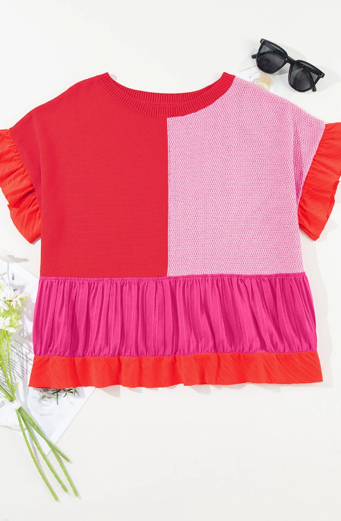 Knitted Patchwork Ruffle Trim Loose T Shirt