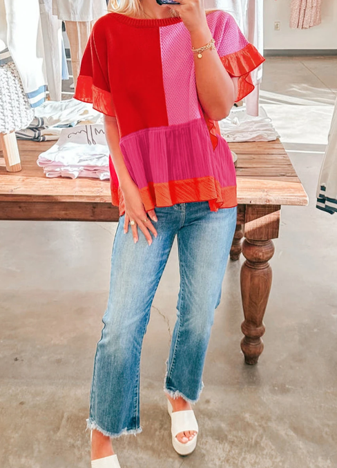 Knitted Patchwork Ruffle Trim Loose T Shirt