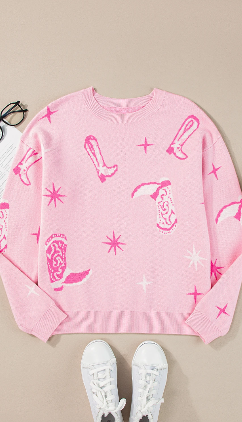 Boots & Star Print Round Neck Sweater