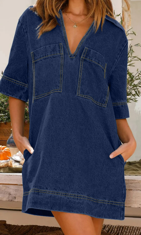 Emmylou Denim Lapel Mid Sleeve Loose Denim Dress