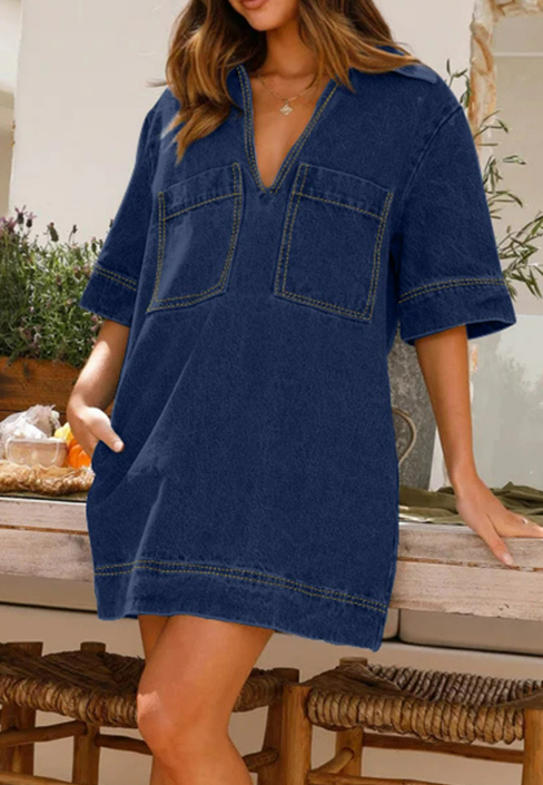 Emmylou Denim Lapel Mid Sleeve Loose Denim Dress