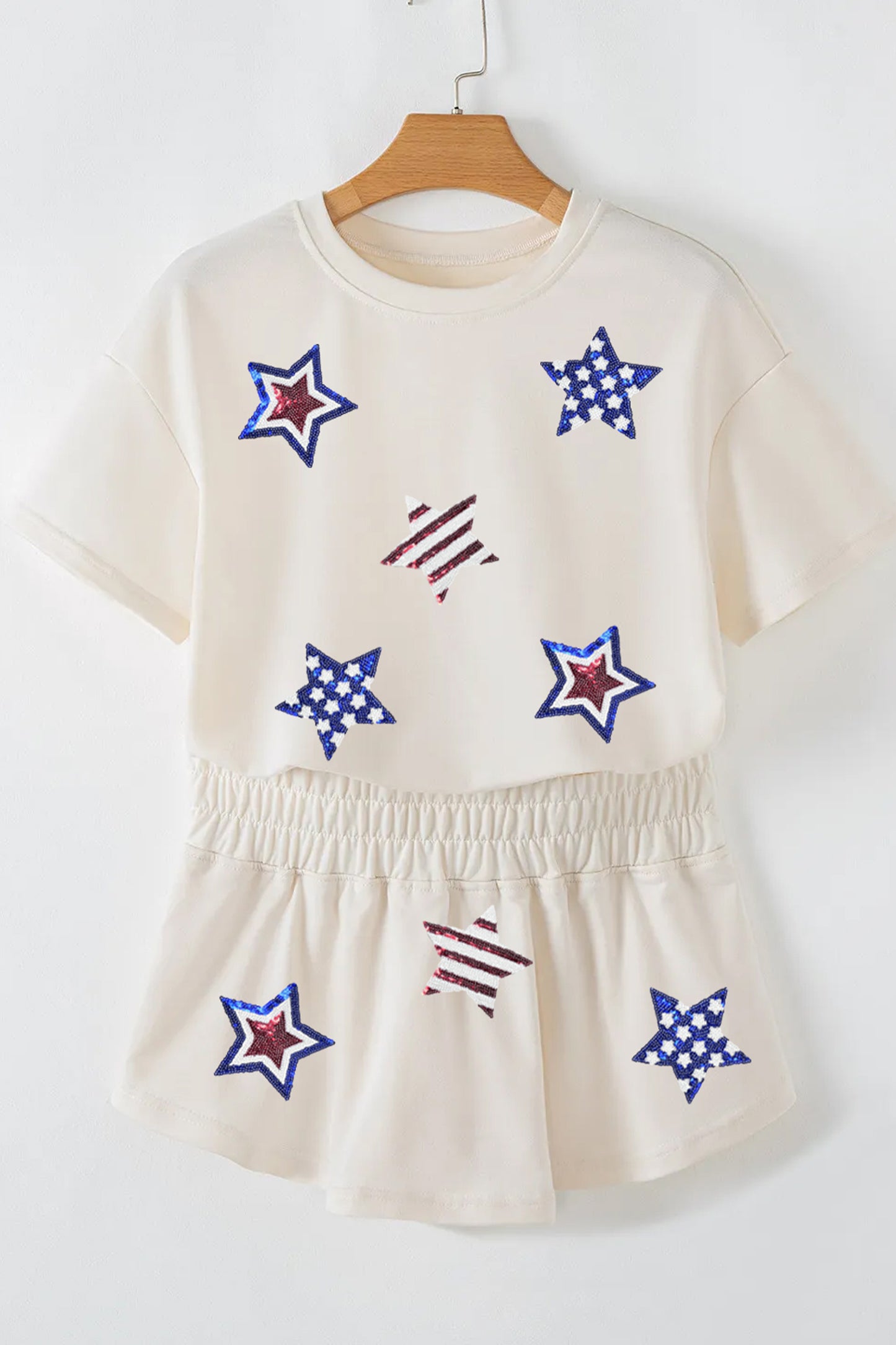 Beige Sequin Patriotic Star Cropped Tee Skort 2pcs Set