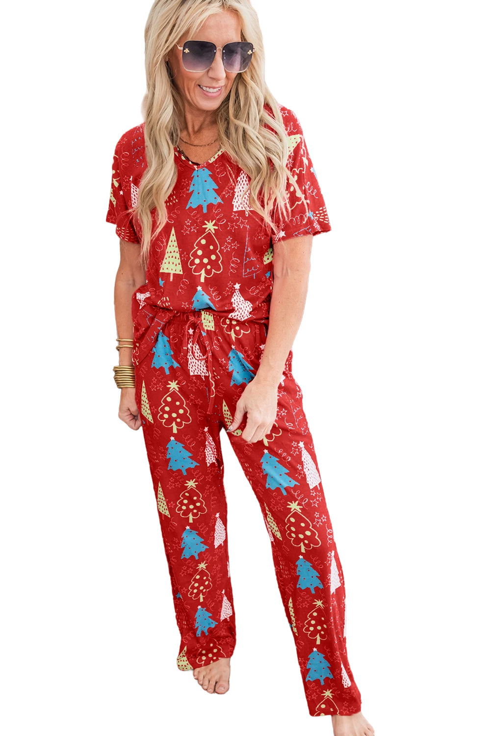 Rose Christmas Tree Print V Neck Tee and Pants Lounge Set