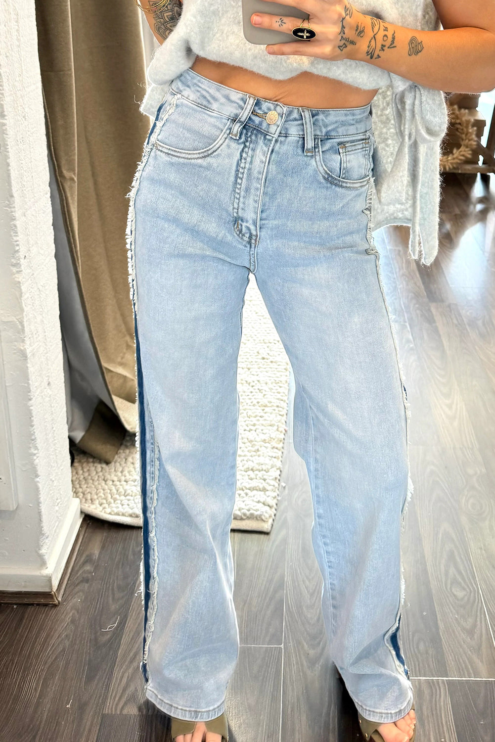 Beau Blue Contrast Stripe Frayed Side Patchwork Jeans
