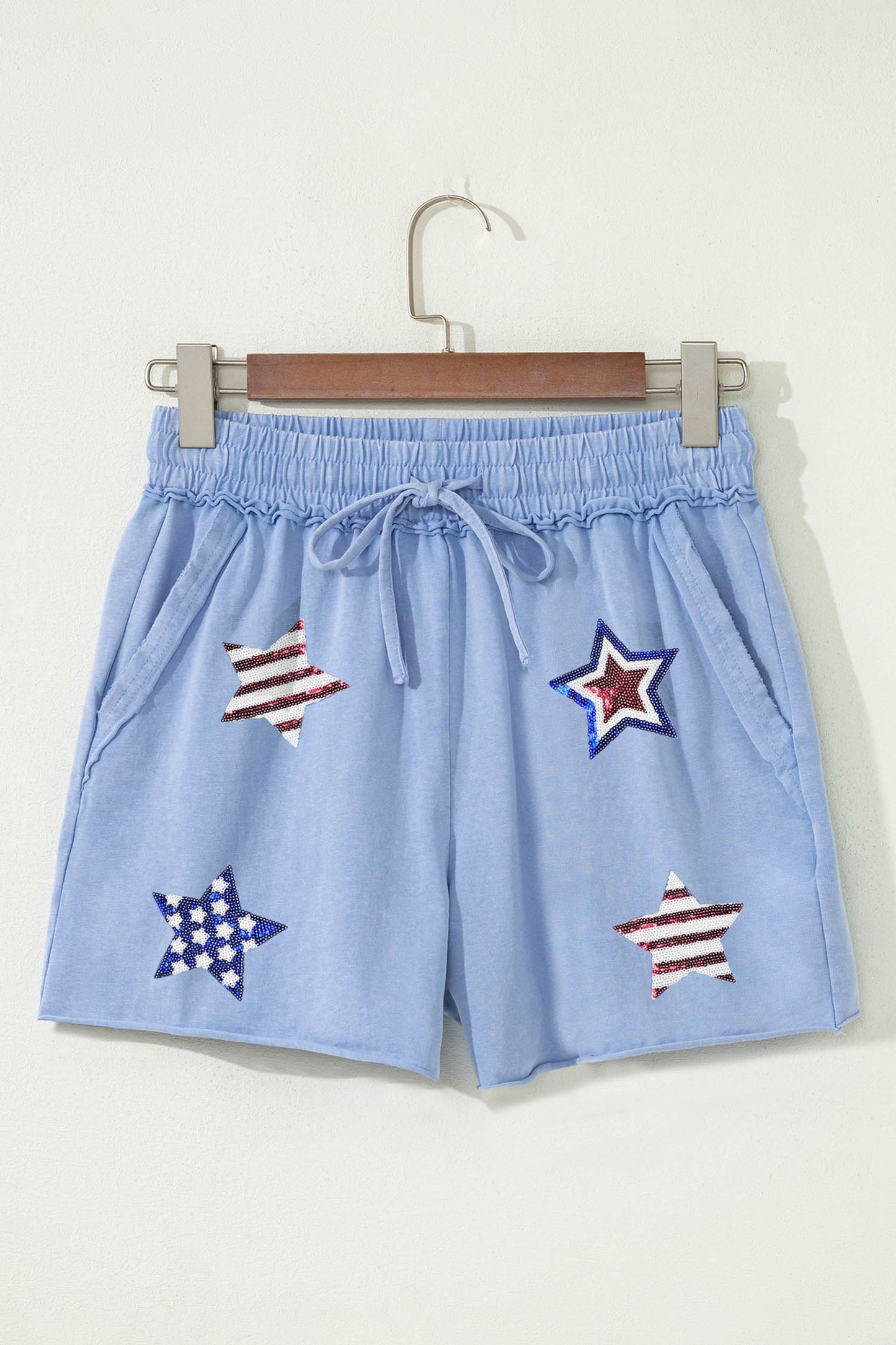 Sky Blue Patriotic Sequin Star Raw Seam Drawstring Cotton Shorts