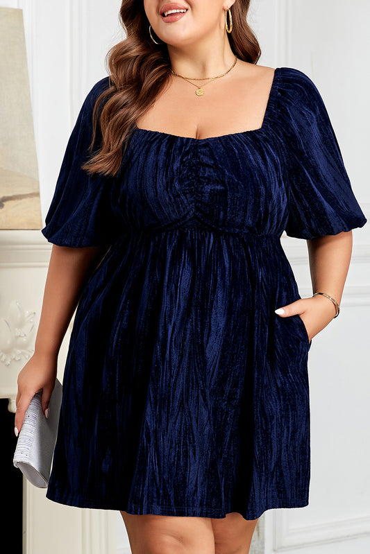 Navy Blue Velvet Ruched Bust Square Neck Short Puff Sleeve Plus Dress