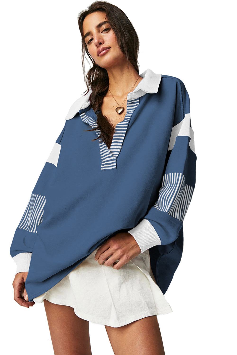 Dark Blue Striped Patchwork Collar Sweatshirt