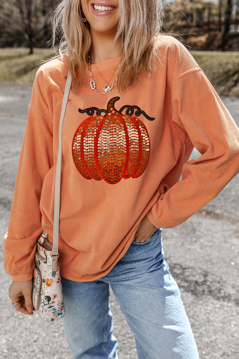 Orange Crinkle Ribbed Halloween Sequin Pumpkin Graphic Sweatshirt