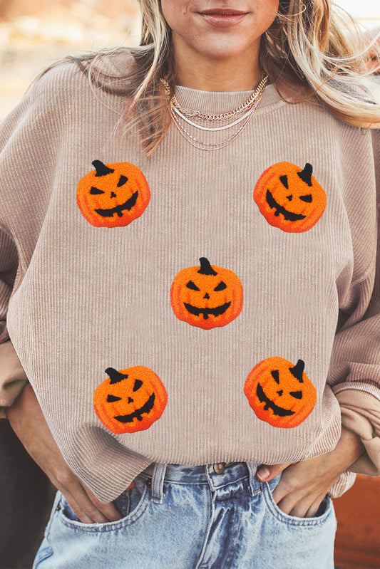 Apricot Twsted Rib Chenille Halloween Pumpkin Terry Flocking Graphic Sweatshirt