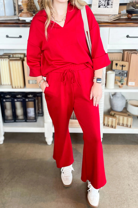 Fiery Red Plain V Neck Pullover Drawstring Bell Bottom Pants Set