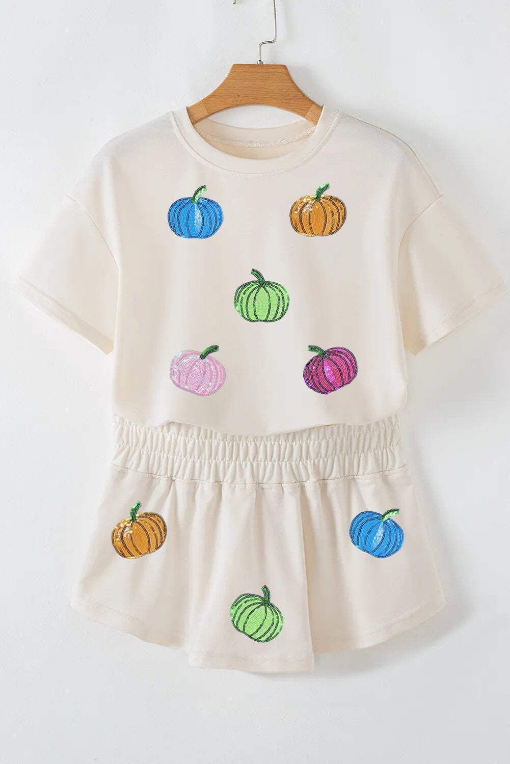 Beige Sequin Pumpkin Sequins Patch Cropped Tee Loose 2pcs Skort Set