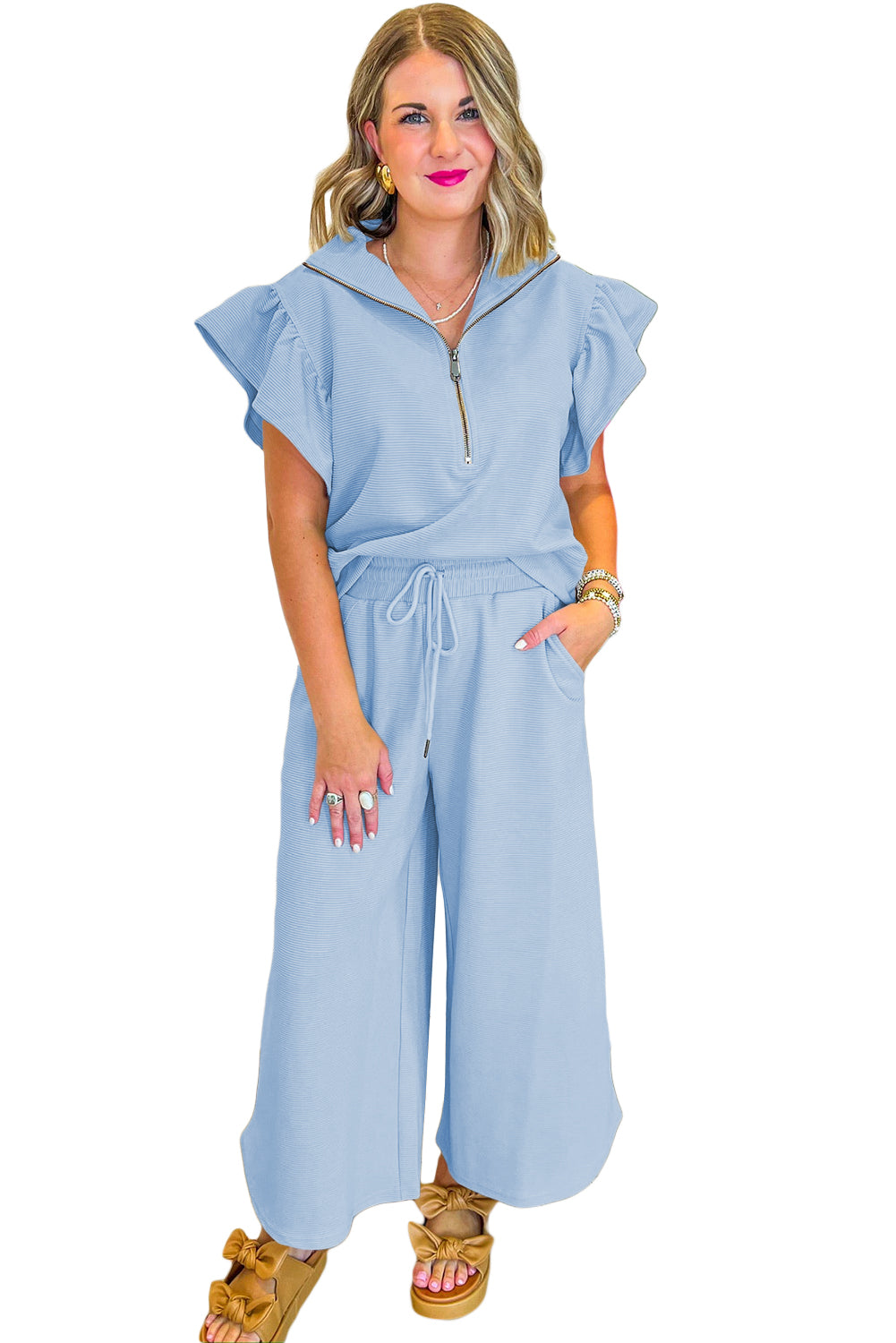 Beau Blue Textured Ruffle Sleeve Zipped Top and Wide Leg Pants Set