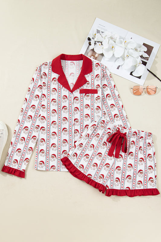 White Christmas Santa Claus Contrast Ruffle Trim Pajama Set