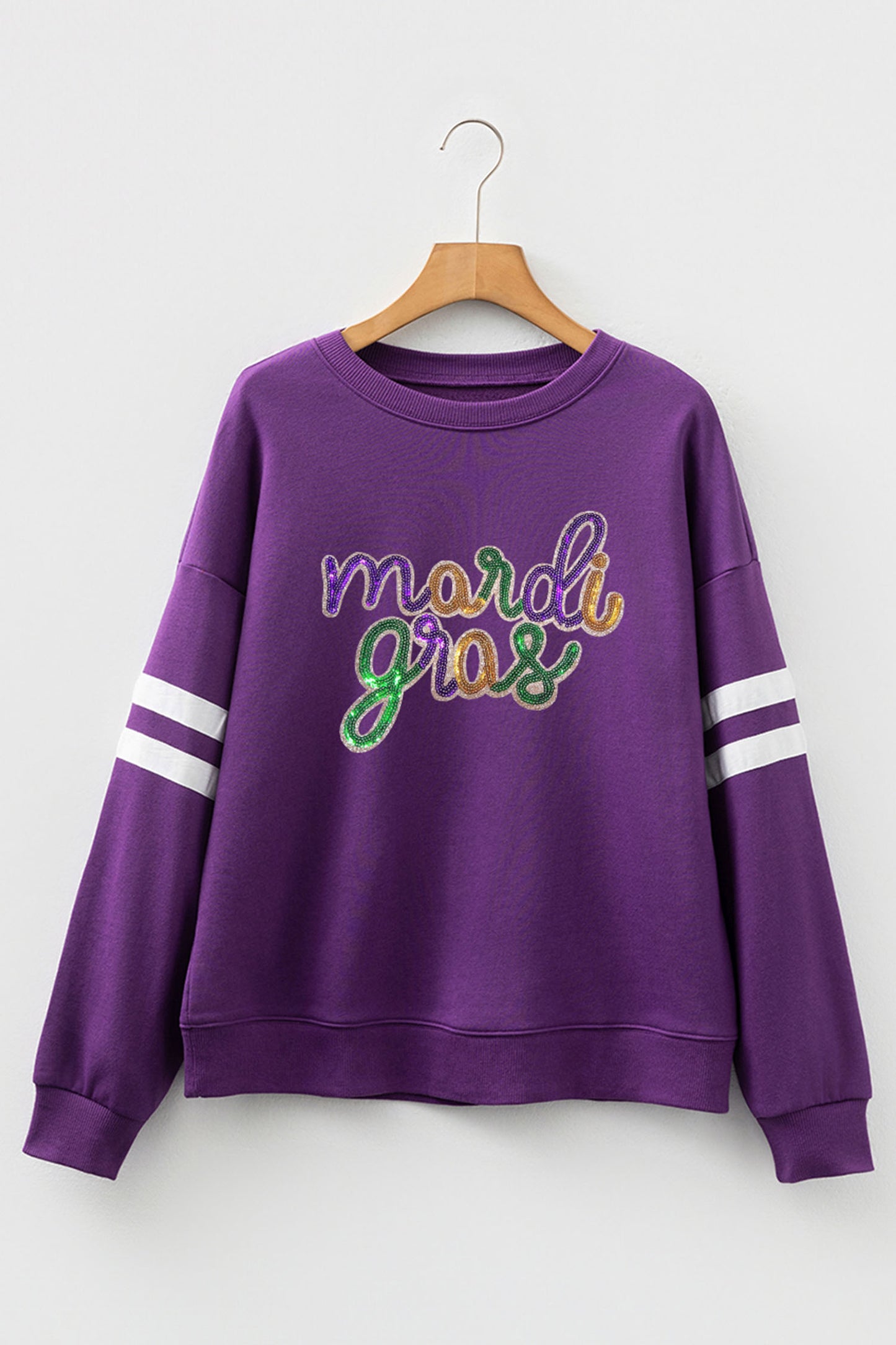 Tillandsia Purple Sequin Mardi Gras Letter Graphic Oversized Varsity Sweatshirt