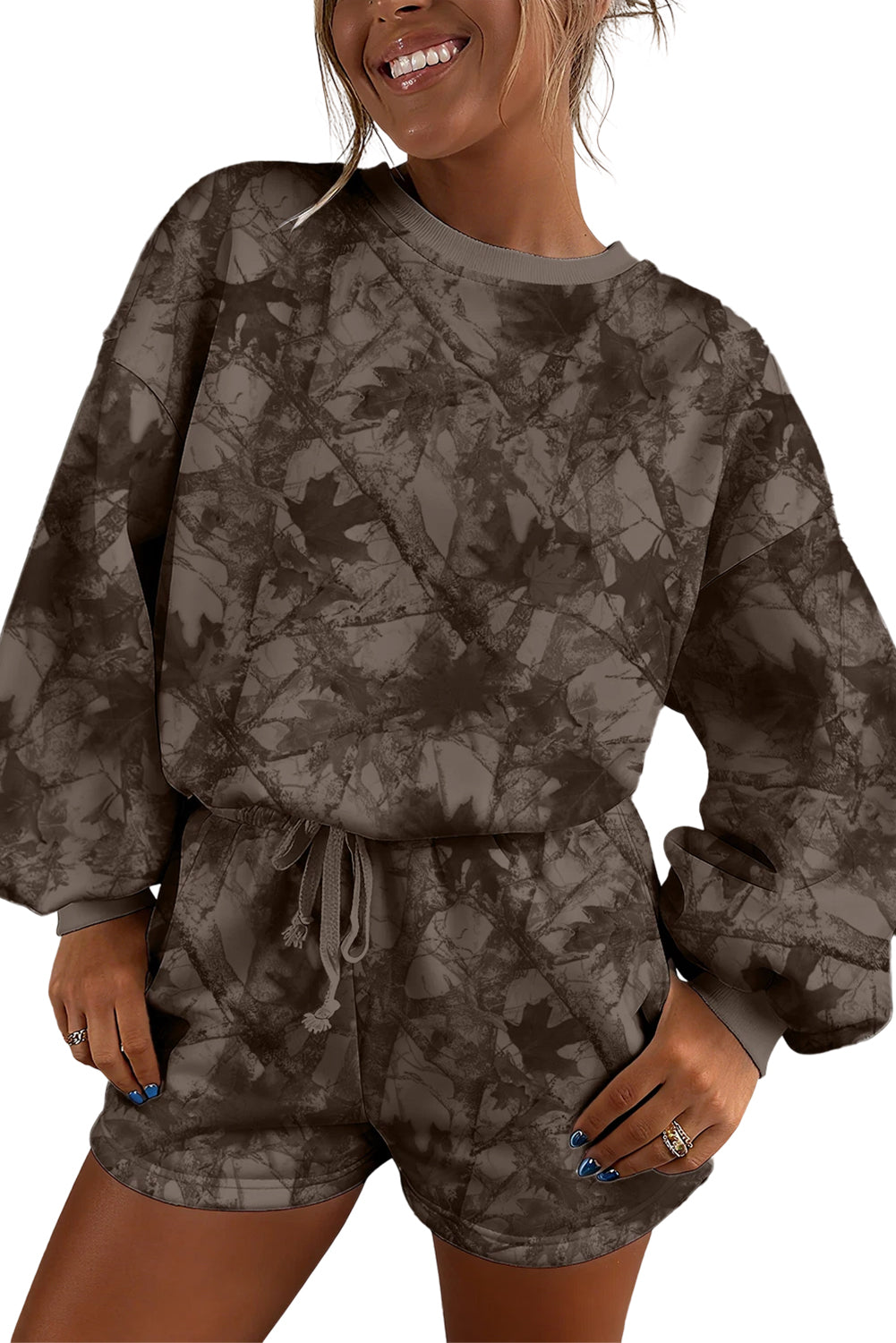 Brown Camouflage Print Round Neck Drop Sleeve Shorts Set
