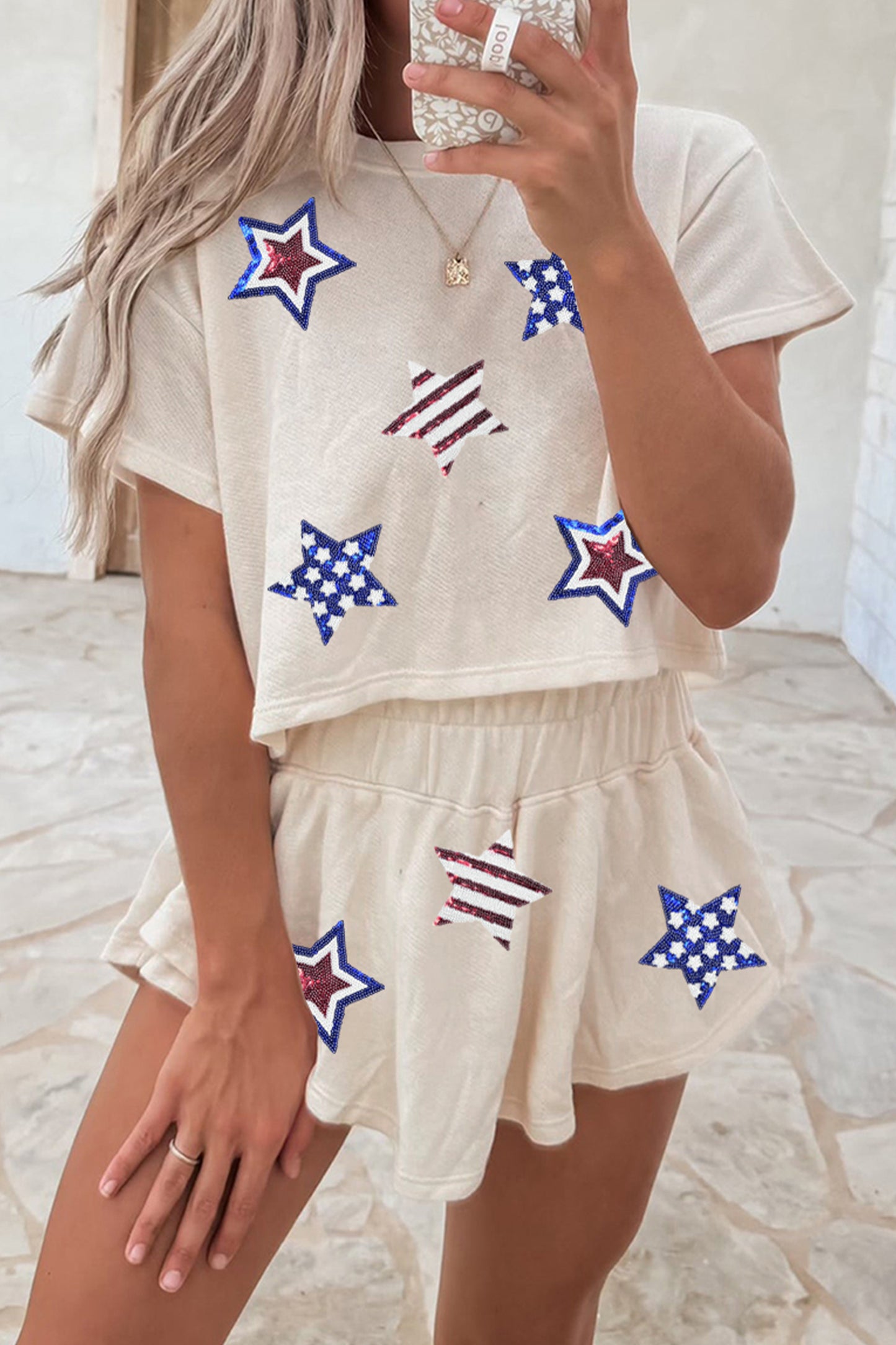 Beige Sequin Patriotic Star Cropped Tee Skort 2pcs Set