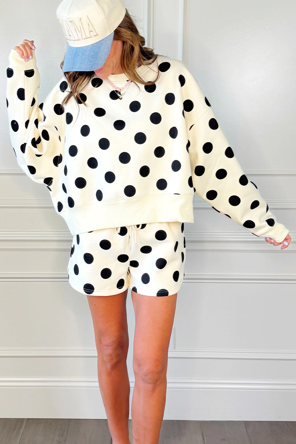 Beige Polka Dot Print Drop Shoulder Pullover Drawstring Short Set