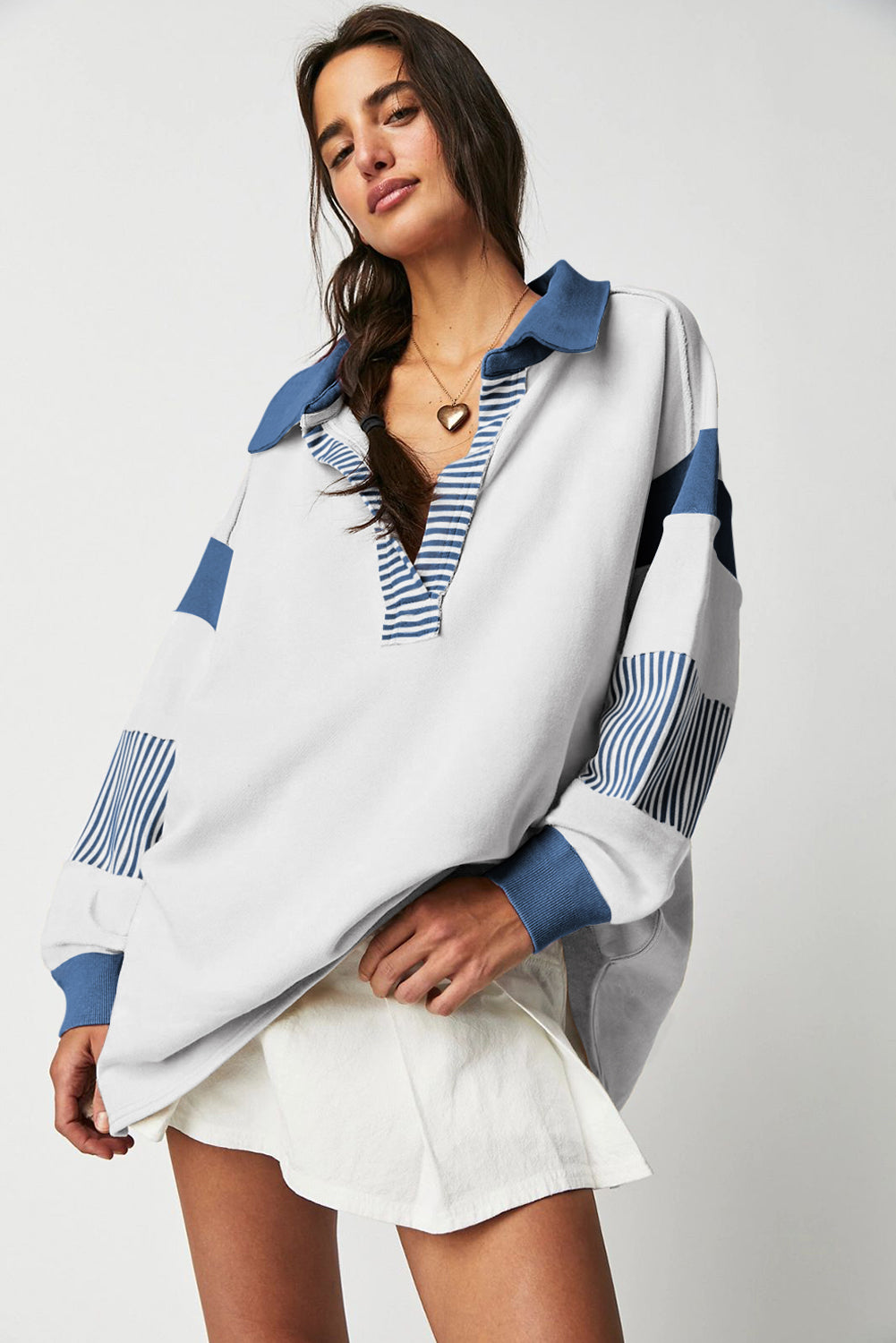 Dark Blue Striped Patchwork Collar Sweatshirt