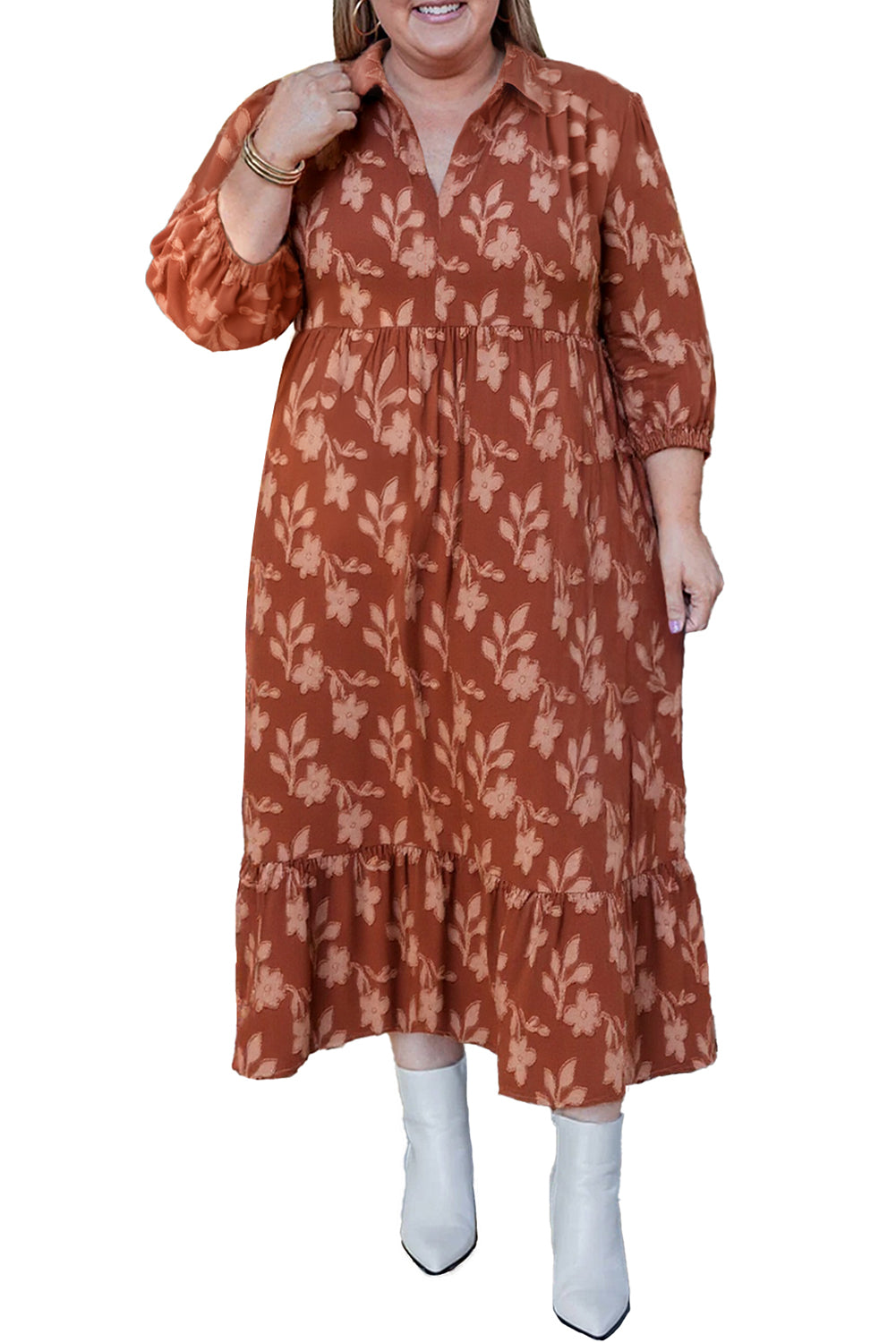 Cinnamon Plus Size Textured 3D Flower Pattern Ruffle Hem Dress