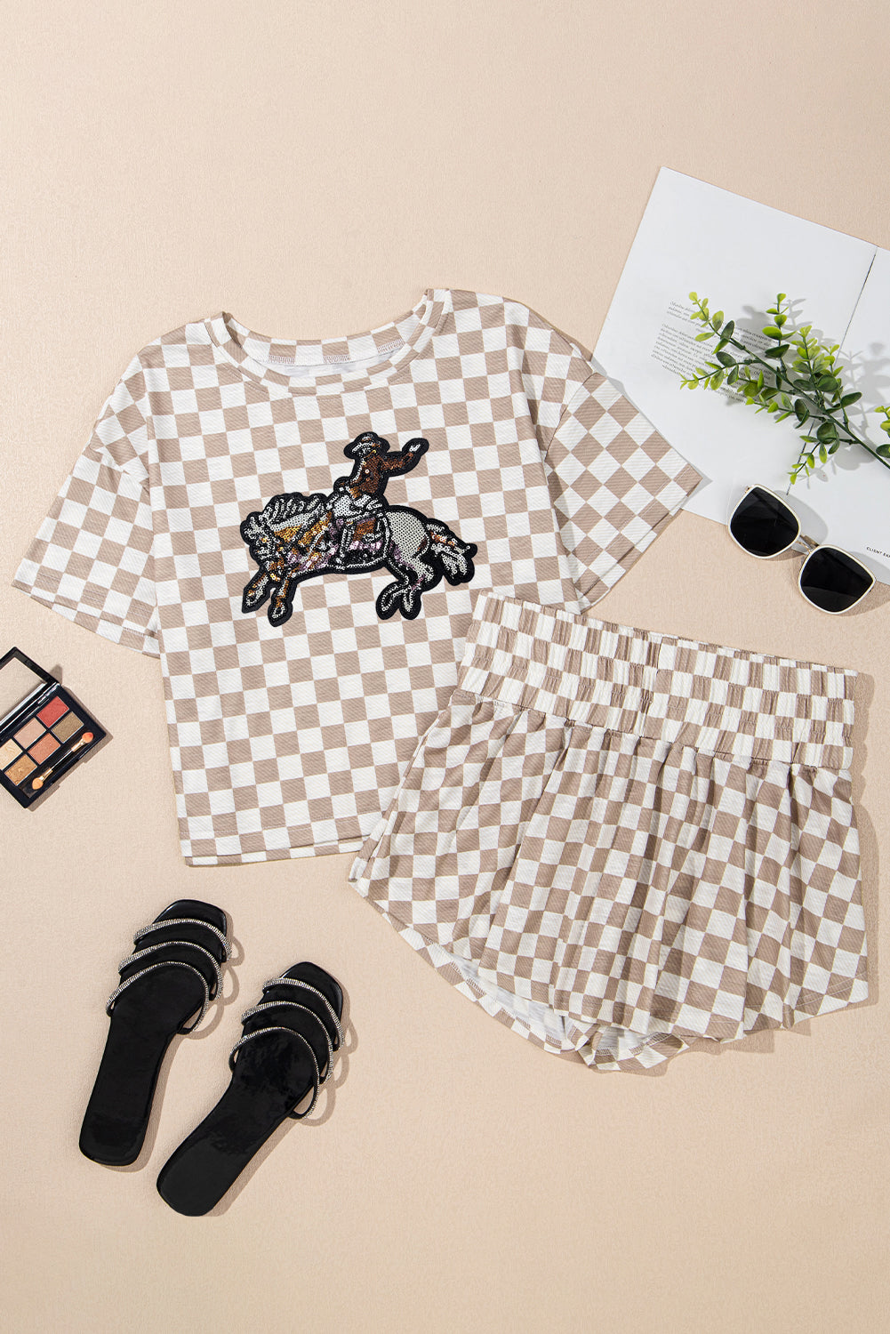 Brown Checkered Rodeo Sequins Patch Graphic Cropped Tee and Skort Set