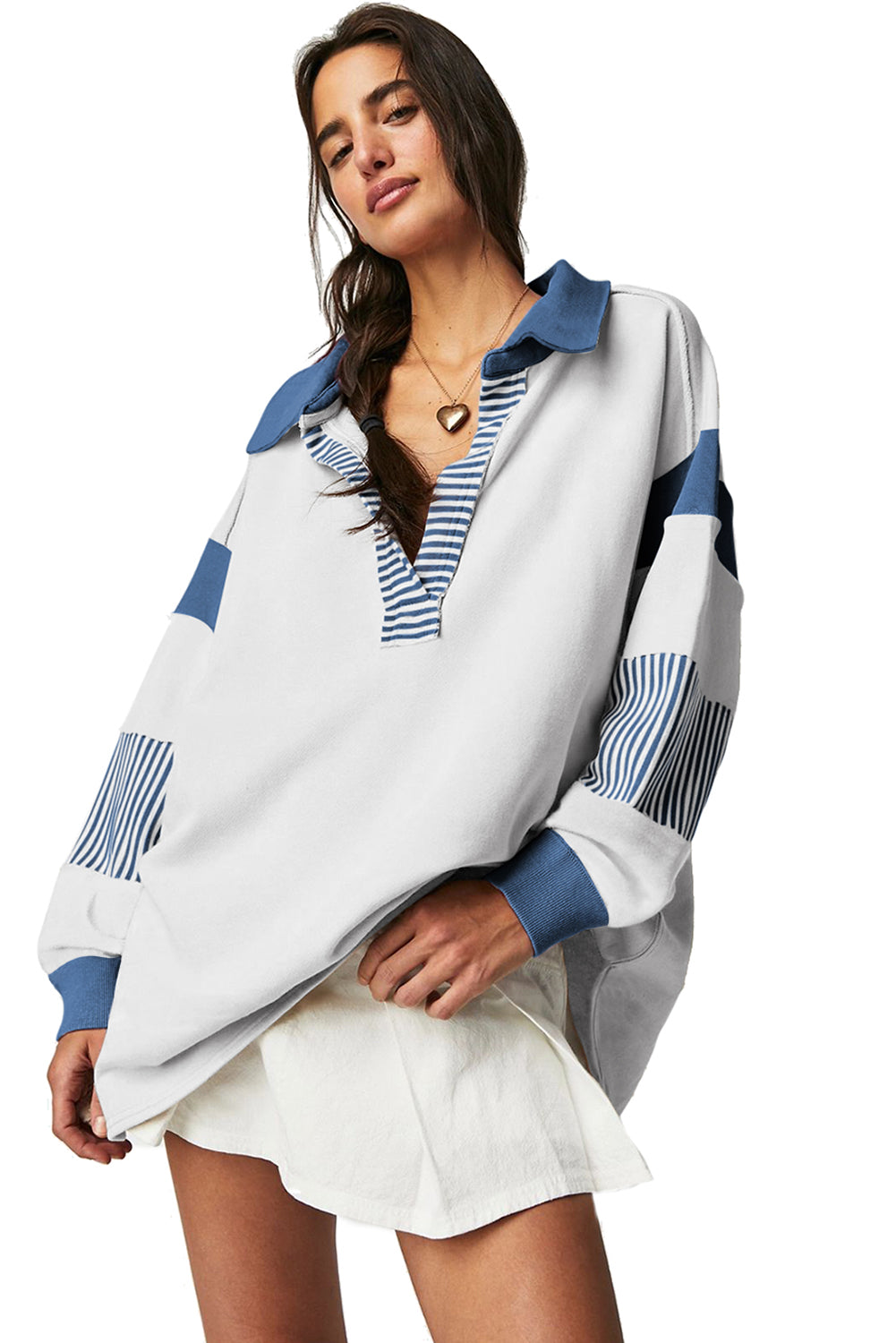 Dark Blue Striped Patchwork Collar Sweatshirt