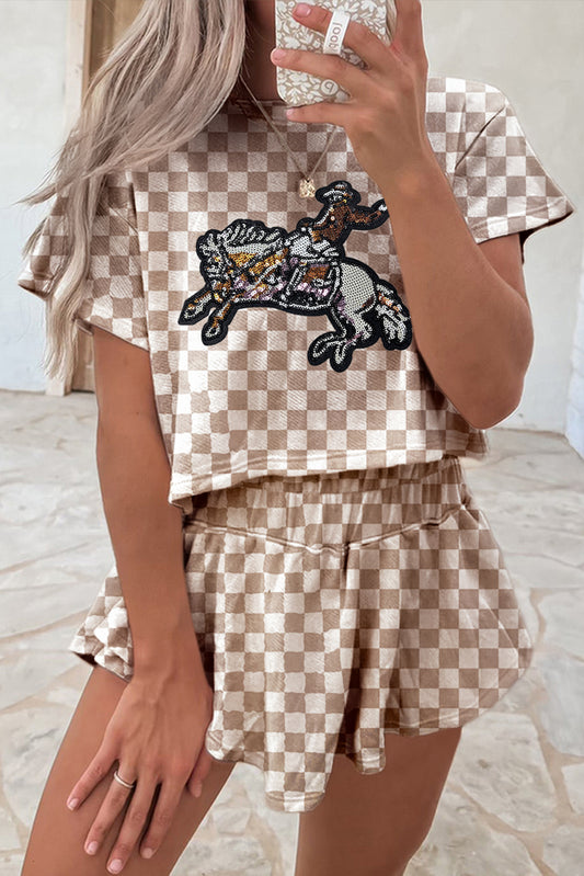 Brown Checkered Rodeo Sequins Patch Graphic Cropped Tee and Skort Set
