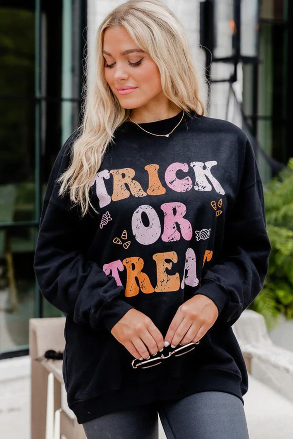 Black Halloween TRICK OR TREAT Graphic Crewneck Sweatshirt