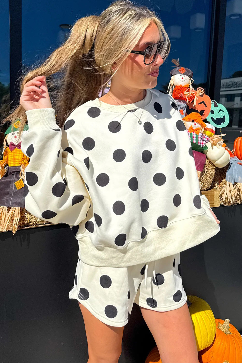 Beige Polka Dot Print Drop Shoulder Pullover Drawstring Short Set