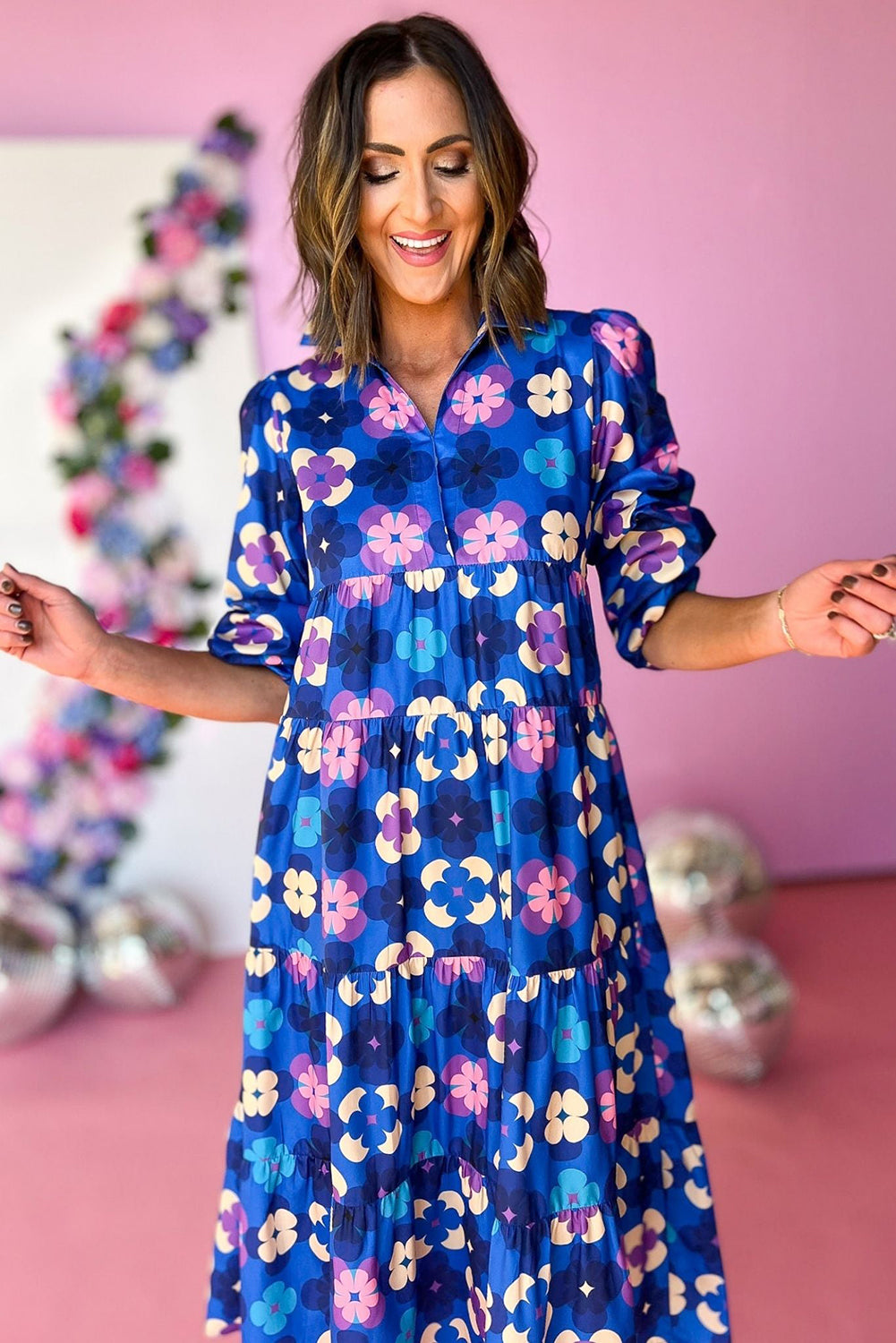 Blue Floral Peasant Sleeve Tiered Ruffle Midi Dress