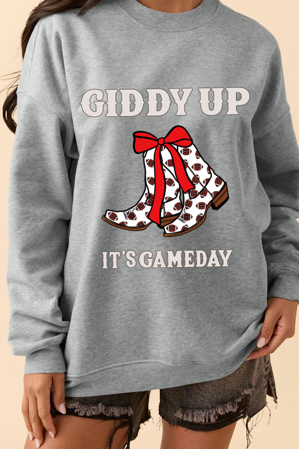 Gray GIDDY UP IT'S GAME DAY Boots Heat Transfer Printing Graphic Sweatshirt