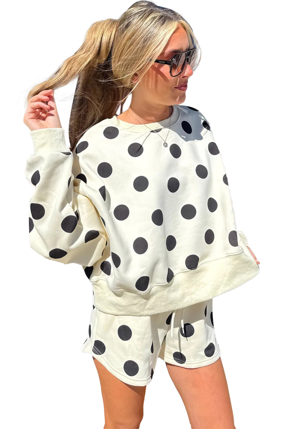 Beige Polka Dot Print Drop Shoulder Pullover Drawstring Short Set